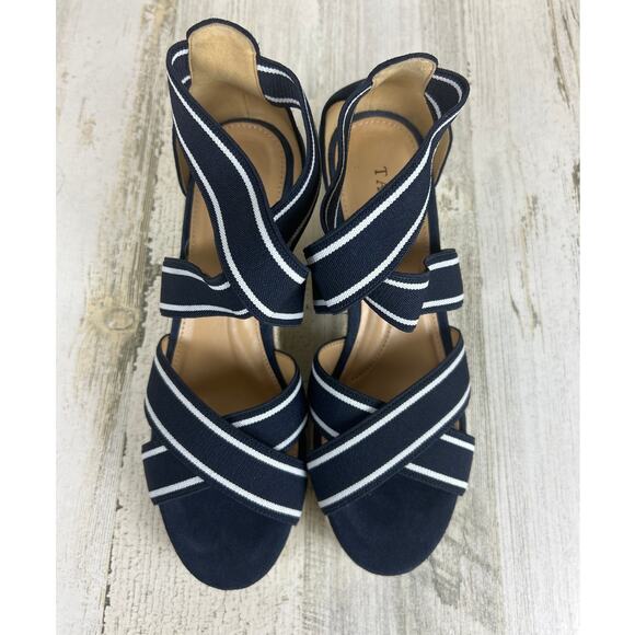 Talbots Women's 7 Navy Blue Stripe Lyndsay Espadrille Slip On Wedge Sandal - Picture 3 of 9